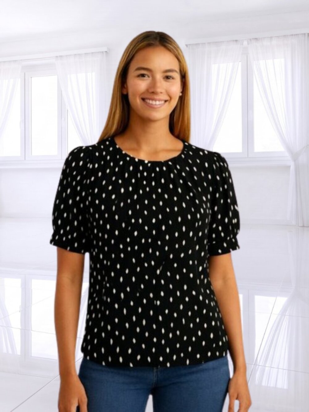 Worthington Black & White Smear Dot Puff Sleeve Blouse Medium Stretch Polka Top